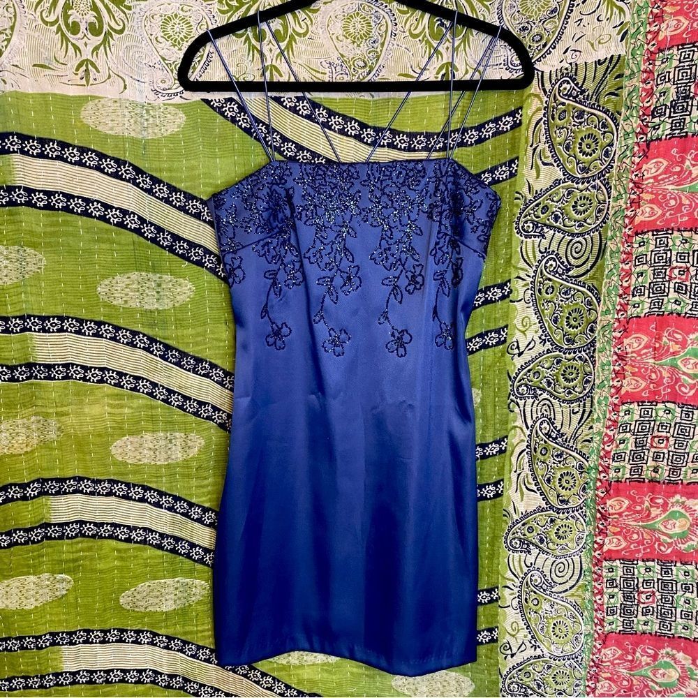 Y2K Byer Too! Navy Blue Beaded Cocktail Dress Size 9